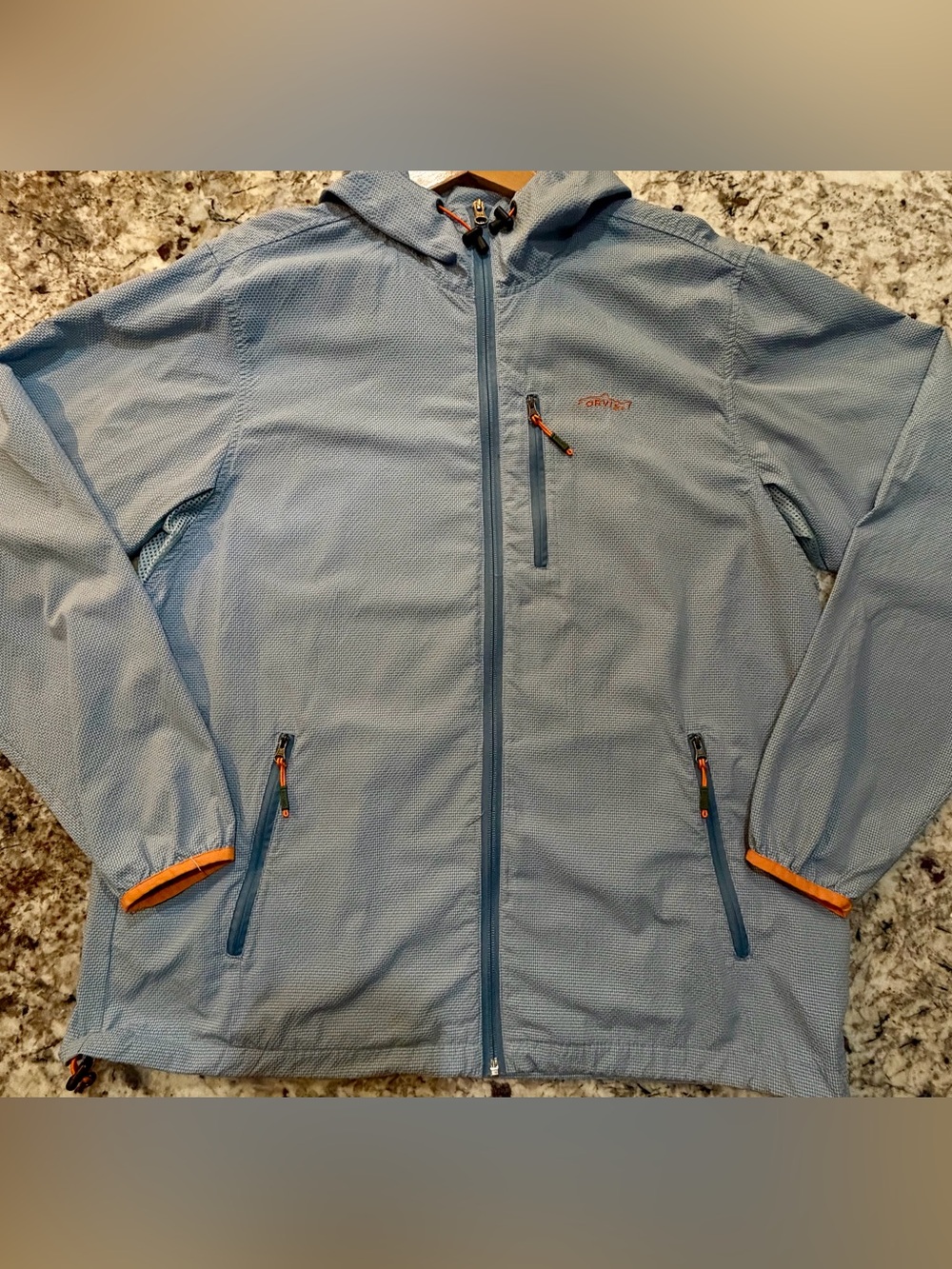 Orvis Light Blue Hooded Jacket with Orange Trim Men Size L EUC